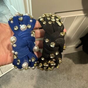 Embellished Knot Headband with Pearls and Rhinestones - Blue and Black